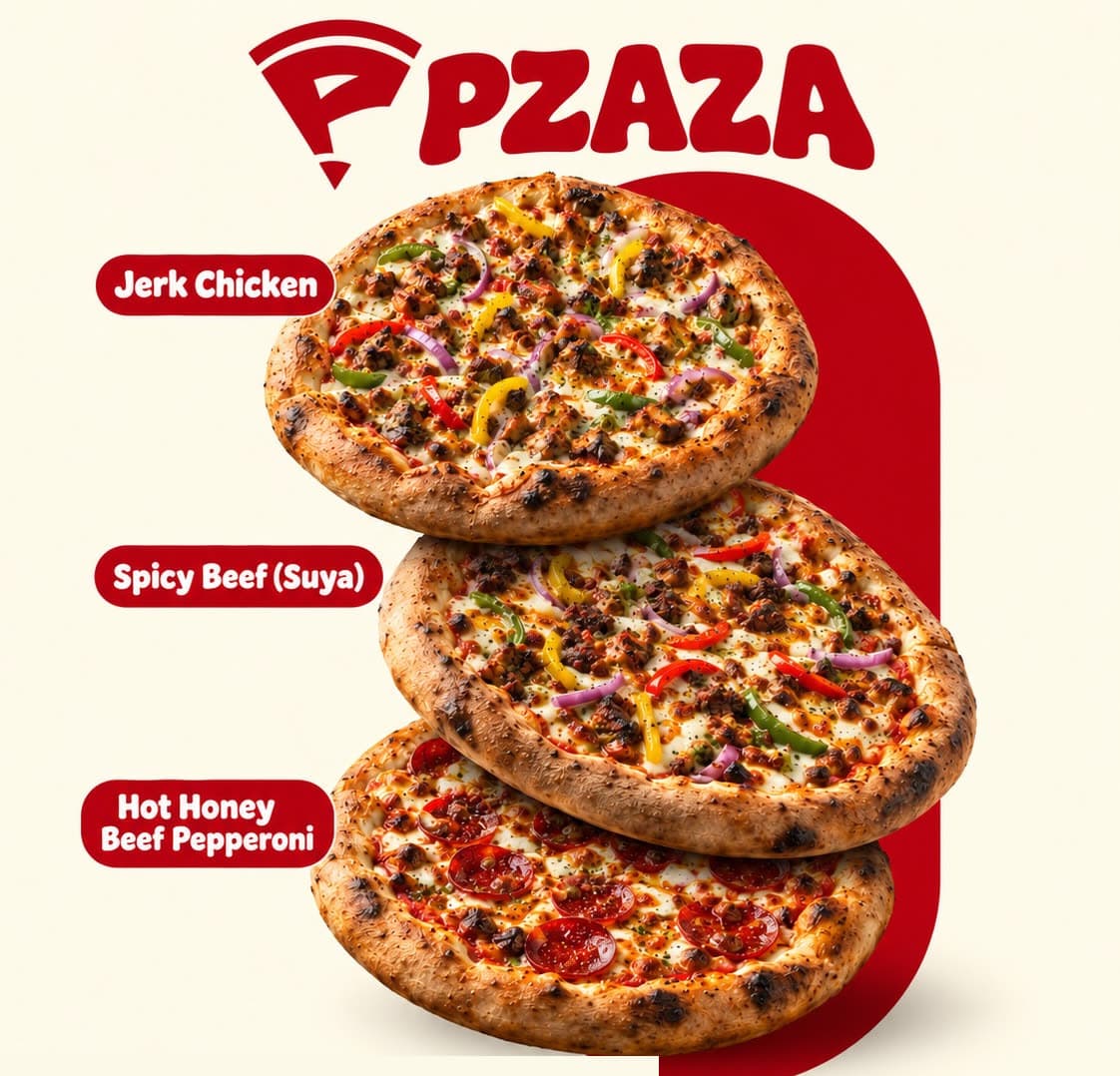 PZAZA โ Jerk Chicken, Spicy Beef (Suya) and Hot Honey Beef Pepperoni pizzas